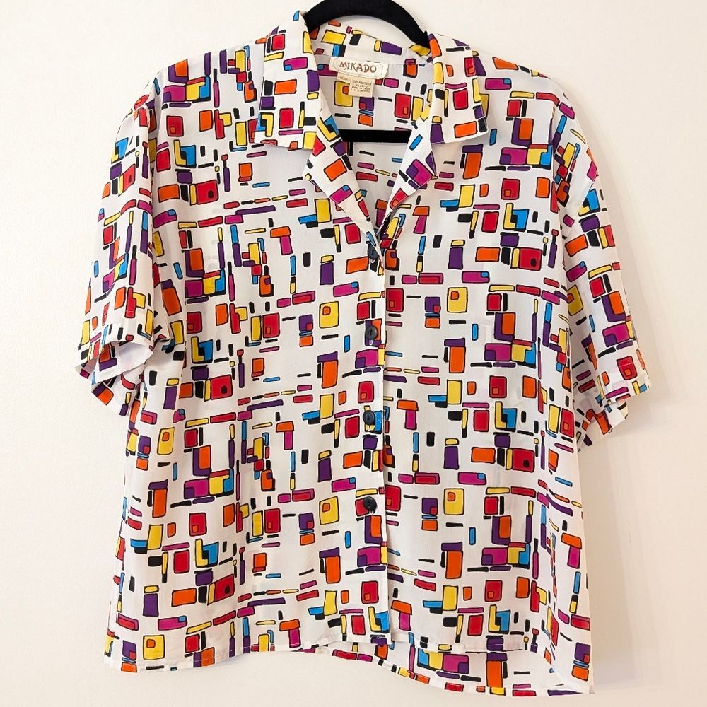 Vintage Mikado geometric blouse with mod print size 10